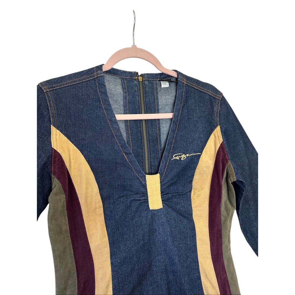 Vintage FUBU Denim Long Sleeve Dress Corduroy Patchwork Stripes Vneck Size 7/8 - Picture 10 of 16